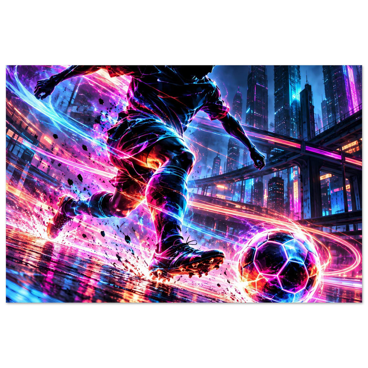 Neon-Fußball-Actionposter: dynamische Spieleraktion, leuchtender Ball und bunte Lichtstreifen