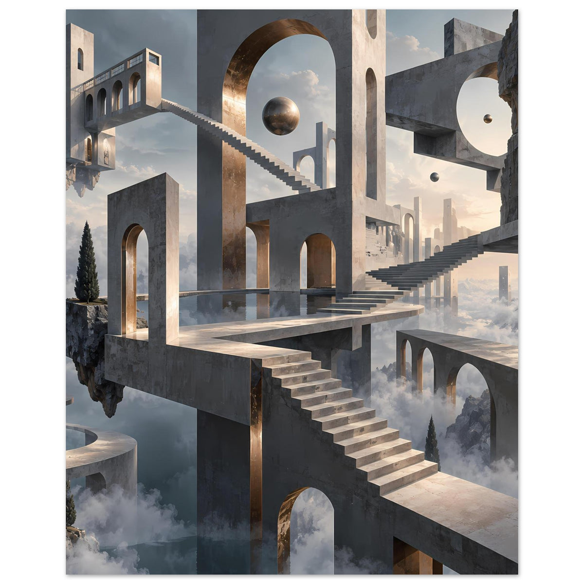 Architekturposter mit schwebender Treppe, Säulenarkaden und goldenem Torbogen im Motiv.