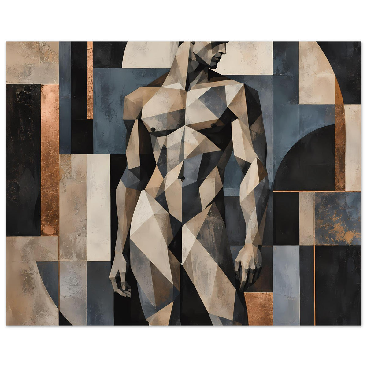 Kunstposter mit geometrischer Aktfigur, dreieckige Flächen in Beige, Blau und Dunkelgrau.