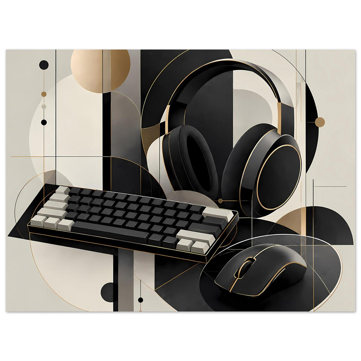 Breites Gaming-Poster mit Headset, Tastatur und Maus auf geometrischem Hintergrund in Schwarz und Gold