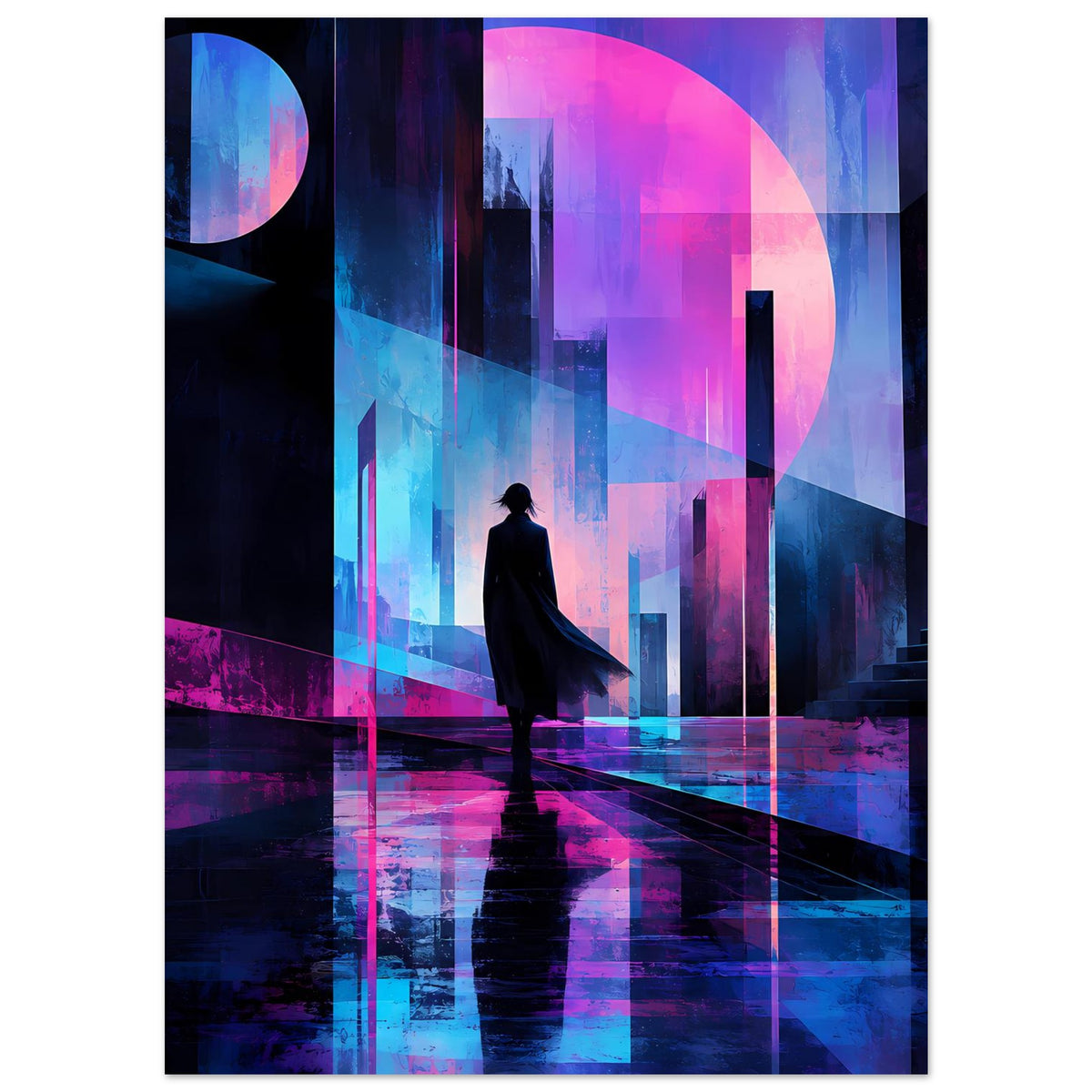 Neon-Stadtposter mit Frauensilhouette, leuchtenden Streifen in Blau und Pink vor Skyline.