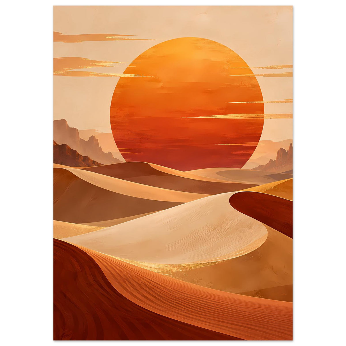 Vertikales Poster mit Wüste: orange Sonnenkreis, Dünenkämme und warme Farbflächen
