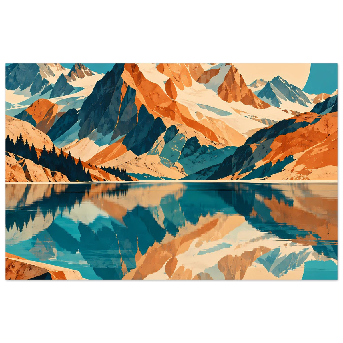 Naturposter mit Bergpanorama, See-Reflexion, Blau-Orangefarben und hellem Mond am Himmel