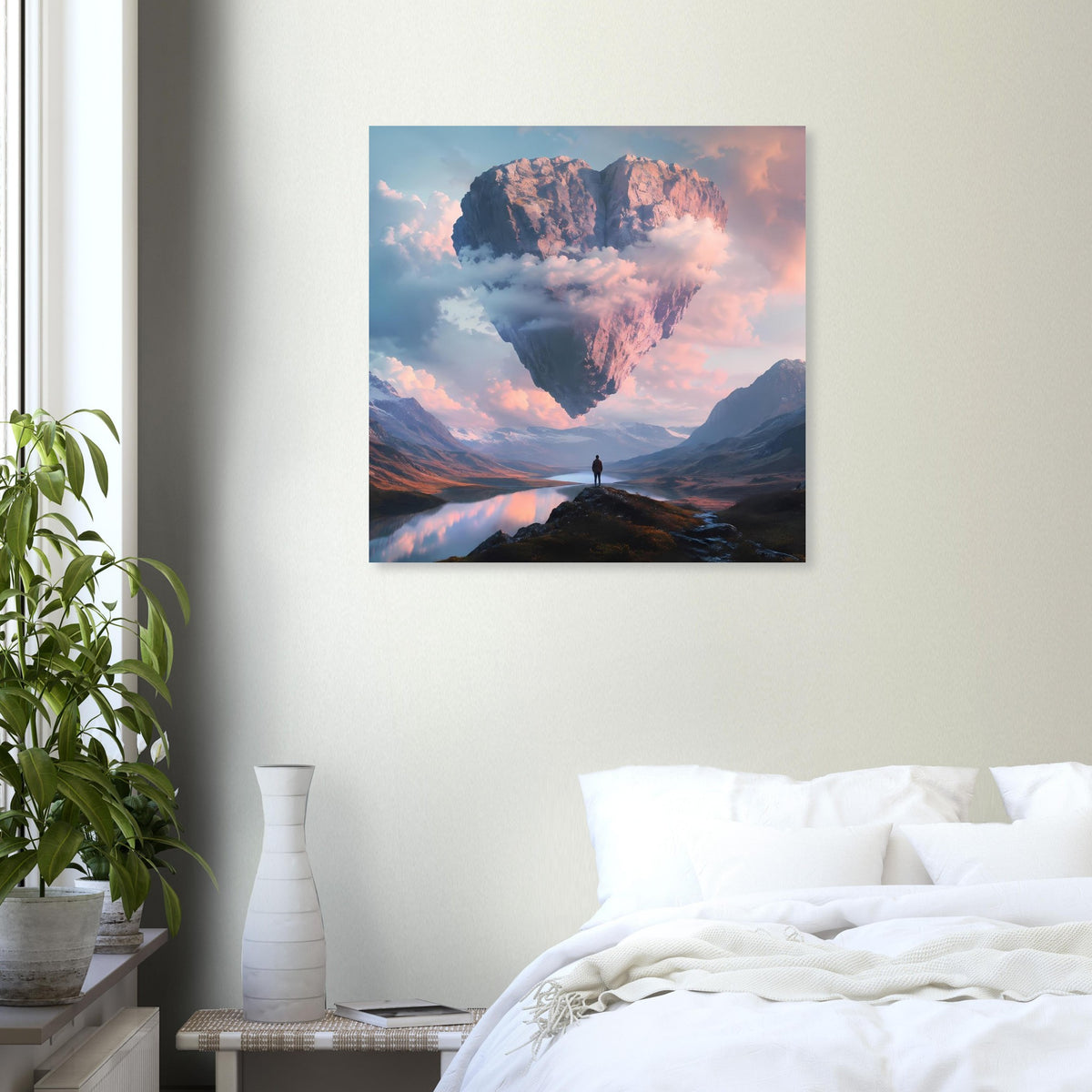 Quadratisches Poster mit schwebendem Felsherz über Bergsee und kleiner Person am Gipfel
