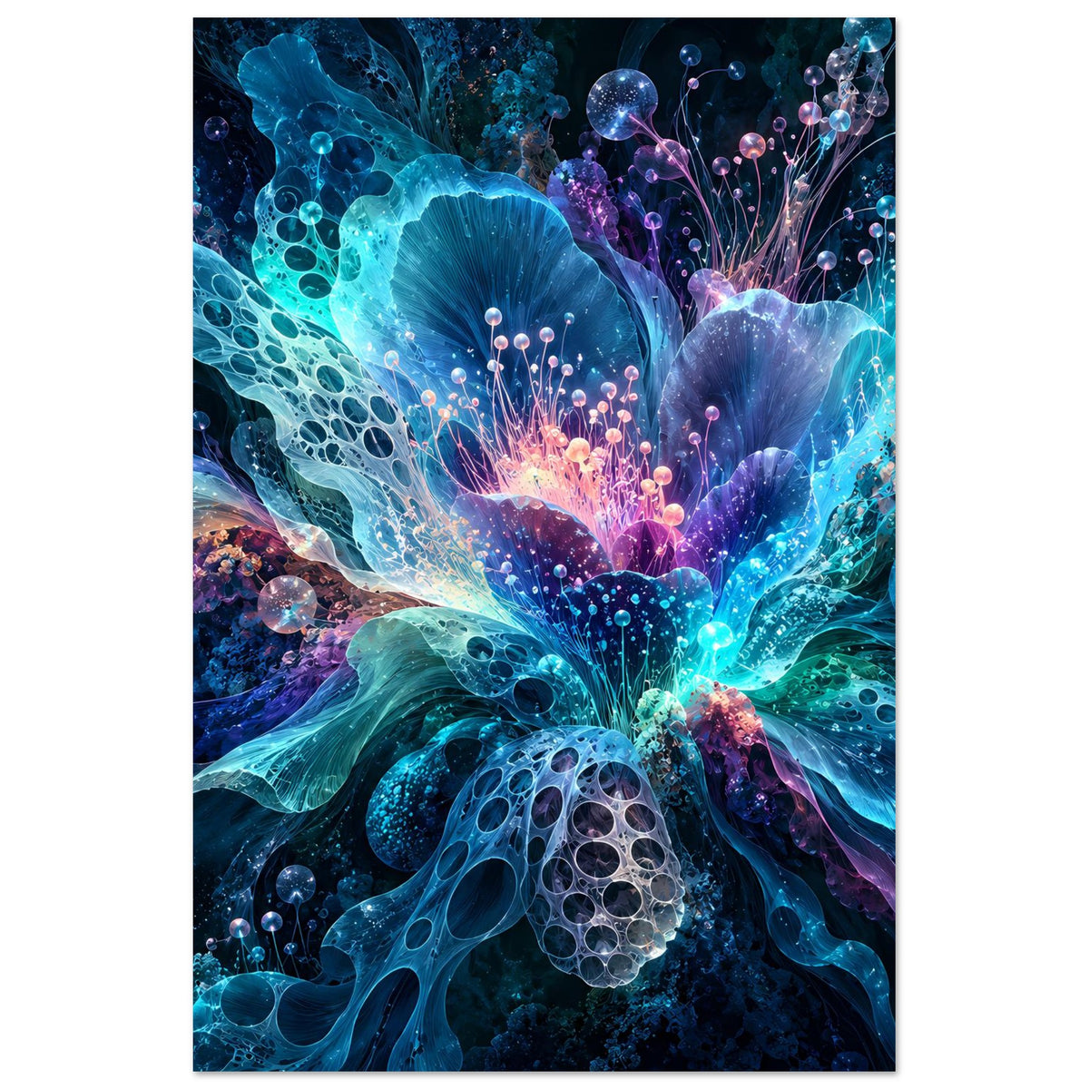 Vertikales leuchtendes Blumenposter mit digitalen Blüten in Blau/Violett und glitzernden Punkten