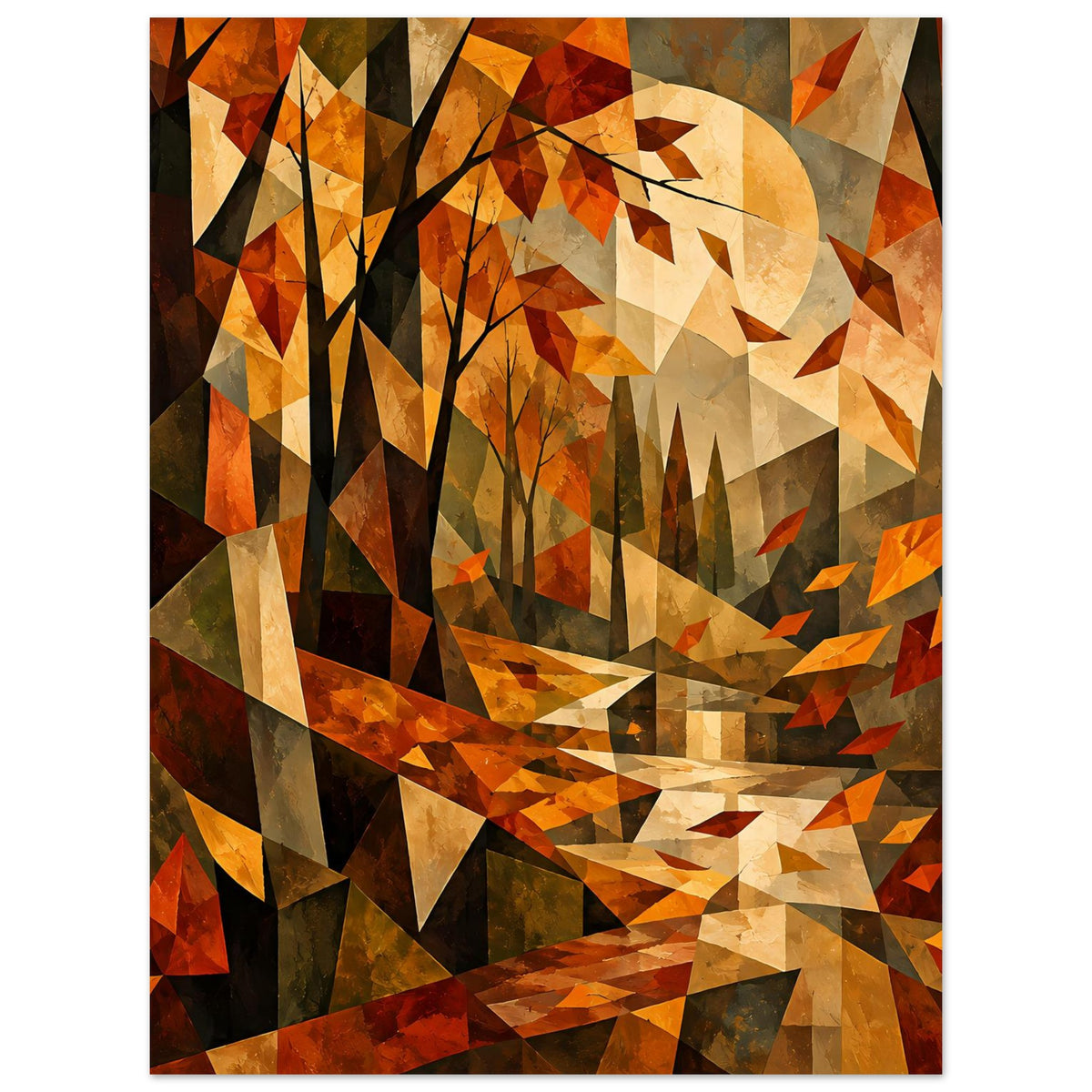 Herbstliches Kubismus-Poster: abstrakter Baumwald, großes gelbes Mondmotiv, orangefarbene Dreiecke