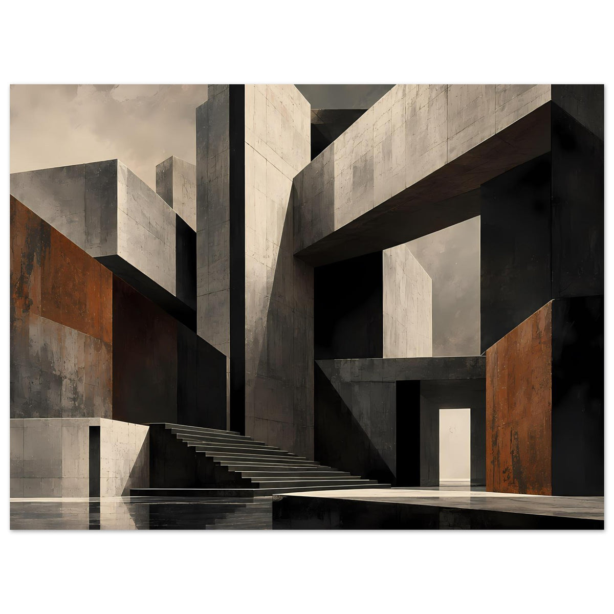 Gerahmtes Architekturposter mit Treppe und massiven Formen, Schwarz‑Weiß und Rosttönen