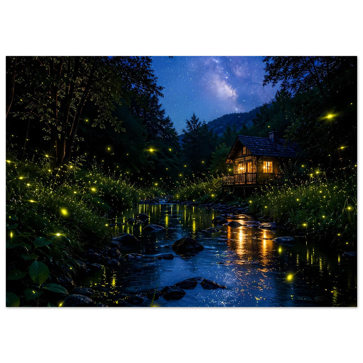 Poster mit Waldbach bei Nacht, Sternenhimmel, leuchtenden Punkten im Vordergrund und Hütte