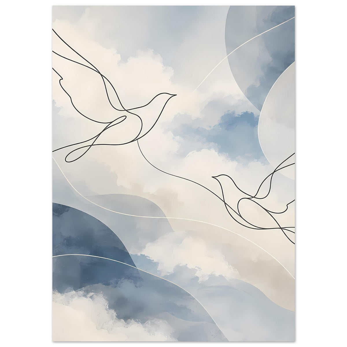 Himmel-Kunstdruck mit Friedenstauben, blauen Halbkreisen und Wolkenhintergrund