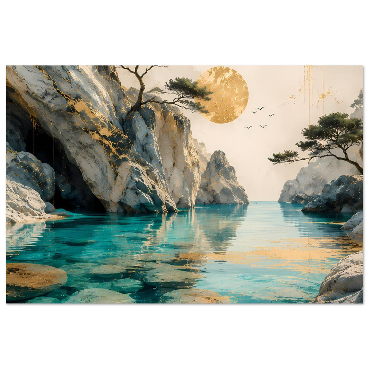 Landschaftsposter (horizontal) mit Wasser zwischen Felsküsten, goldener Sonne, Bäumen und Vögeln