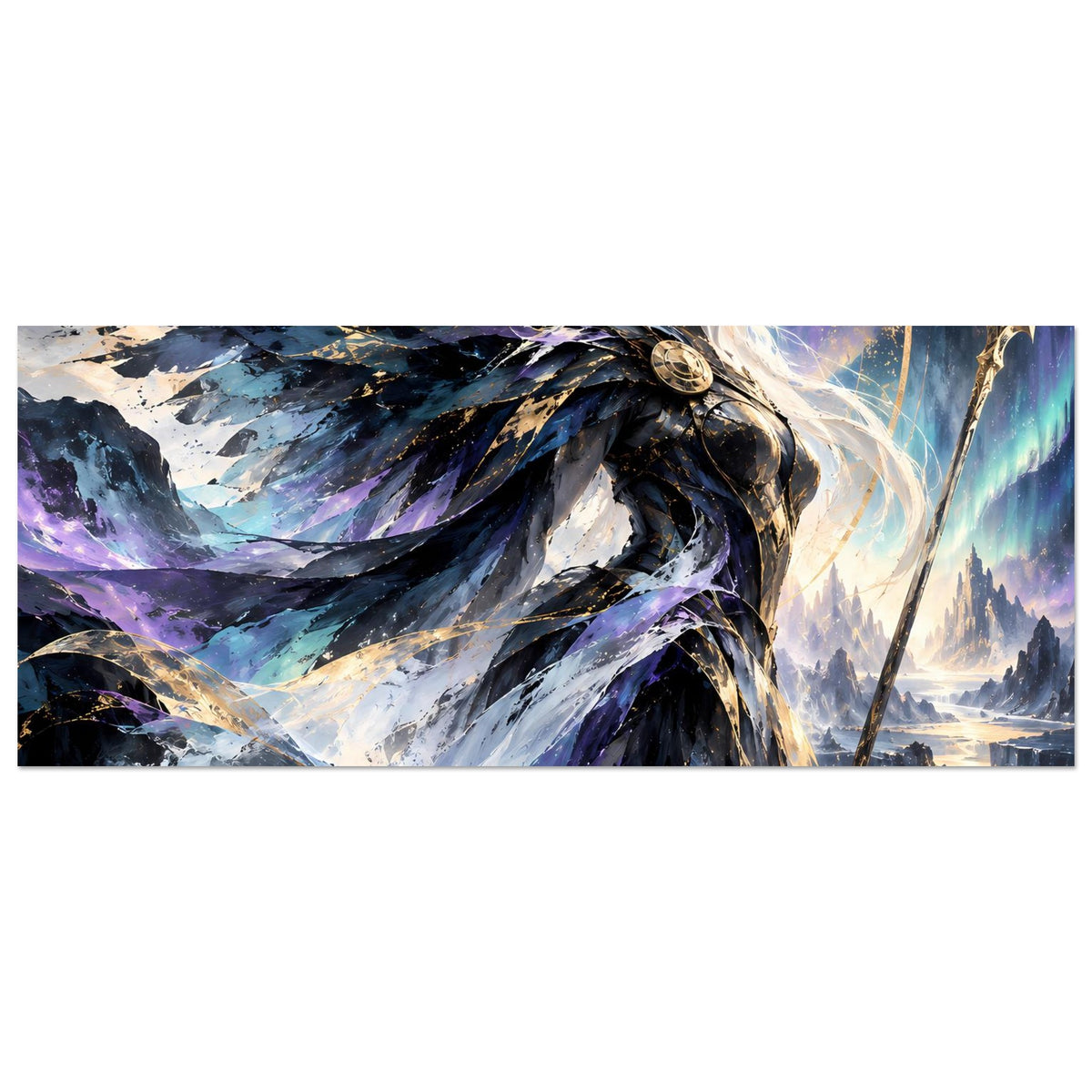 Fantasy-Göttin-Poster, horizontal: Detailansicht mit ausgestreckten Flügeln und goldenen Akzenten.