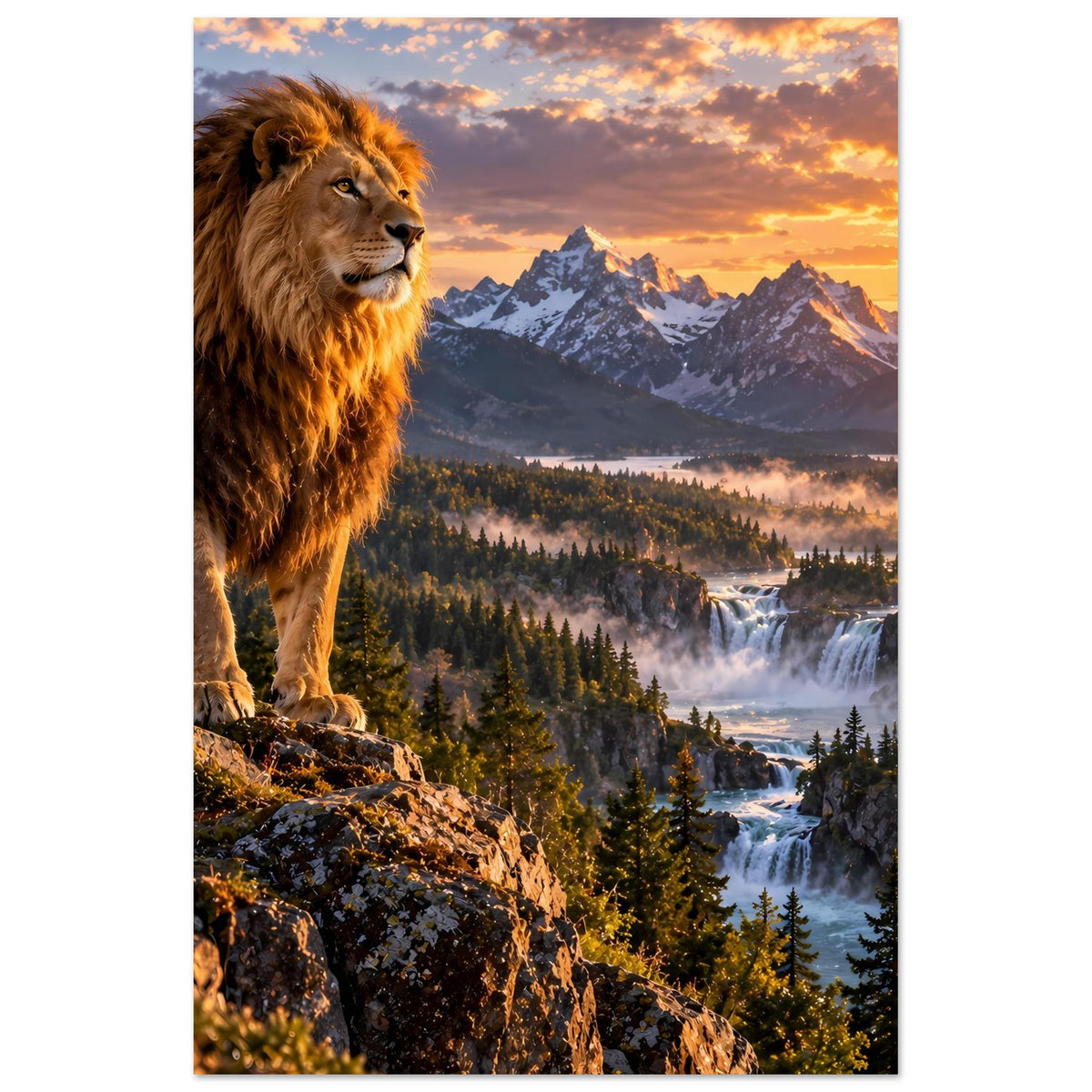 Poster: Löwe links auf Felsen, dahinter Wälder und Wasserfälle im goldenen Sonnenaufgang
