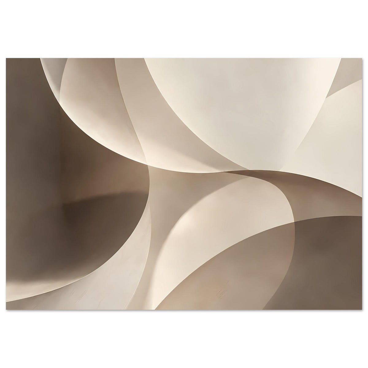 Querformatiges Kunstposter mit geschwungenen Wellen in Creme- und Beigetönen, gerahmt