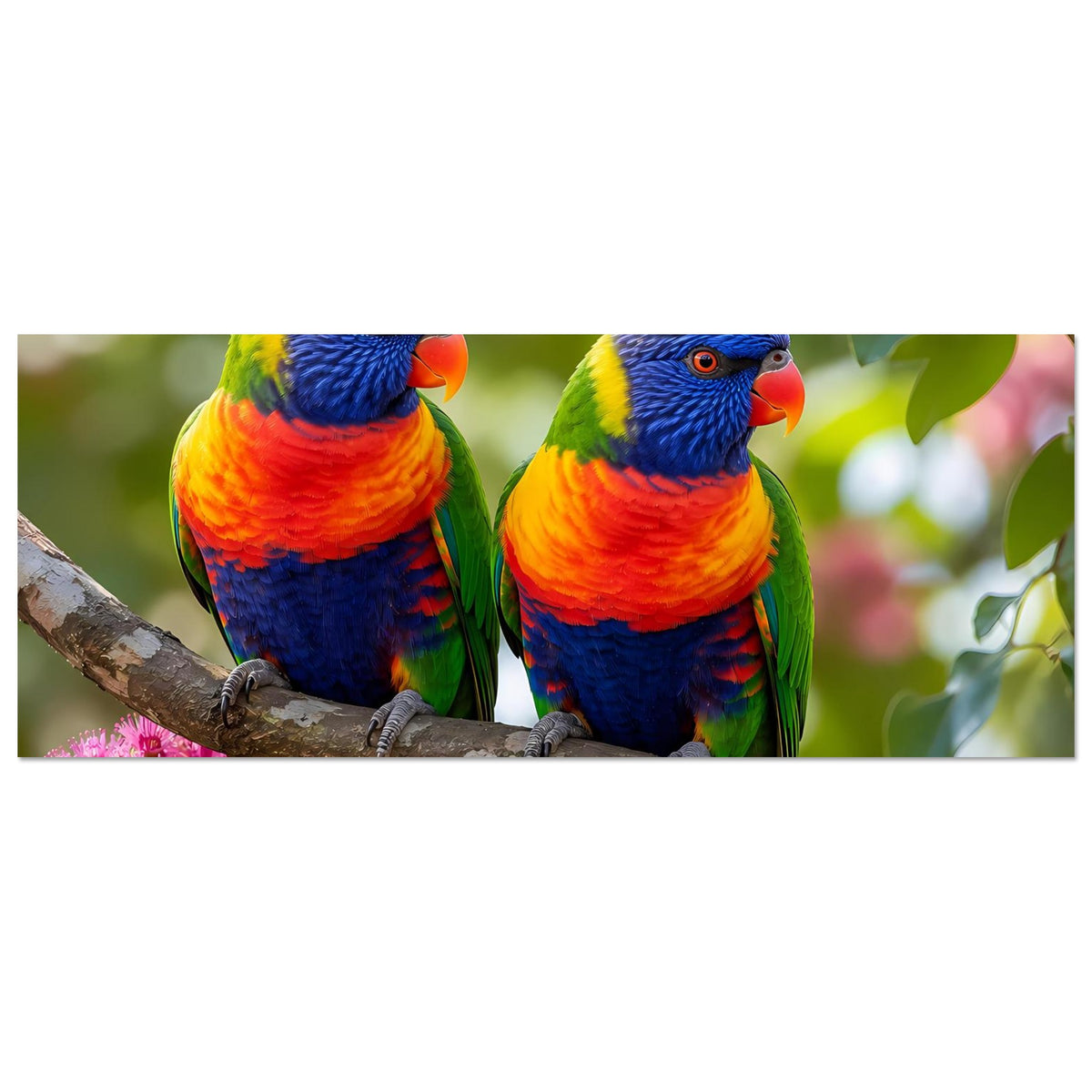 Horizontales Poster mit zwei Regenbogen-Lorikeets auf Ast, blau-narbiges Gefieder und pinke Blüten