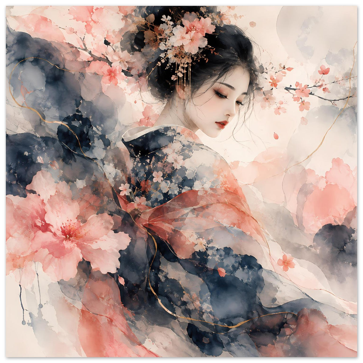 Wandposter mit Aquarell-Kirschblüten und Frau im Profil, florale Elemente in Pastellrosa