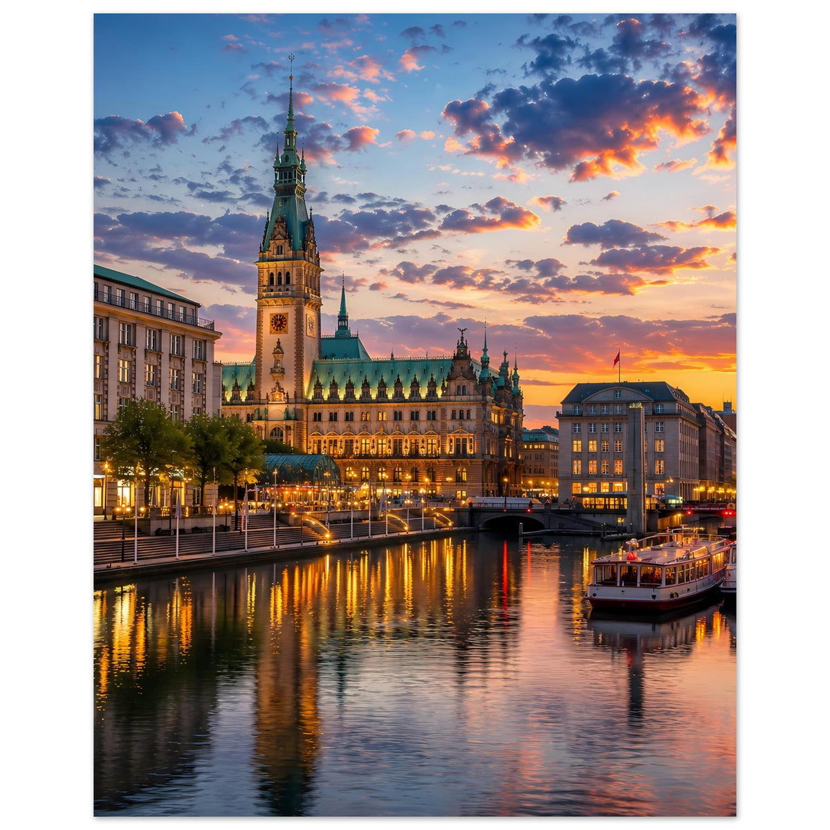 Poster im Hochformat: Skyline bei Sonnenuntergang mit Turm, Lichtern am Kai und spiegelndem Wasser.