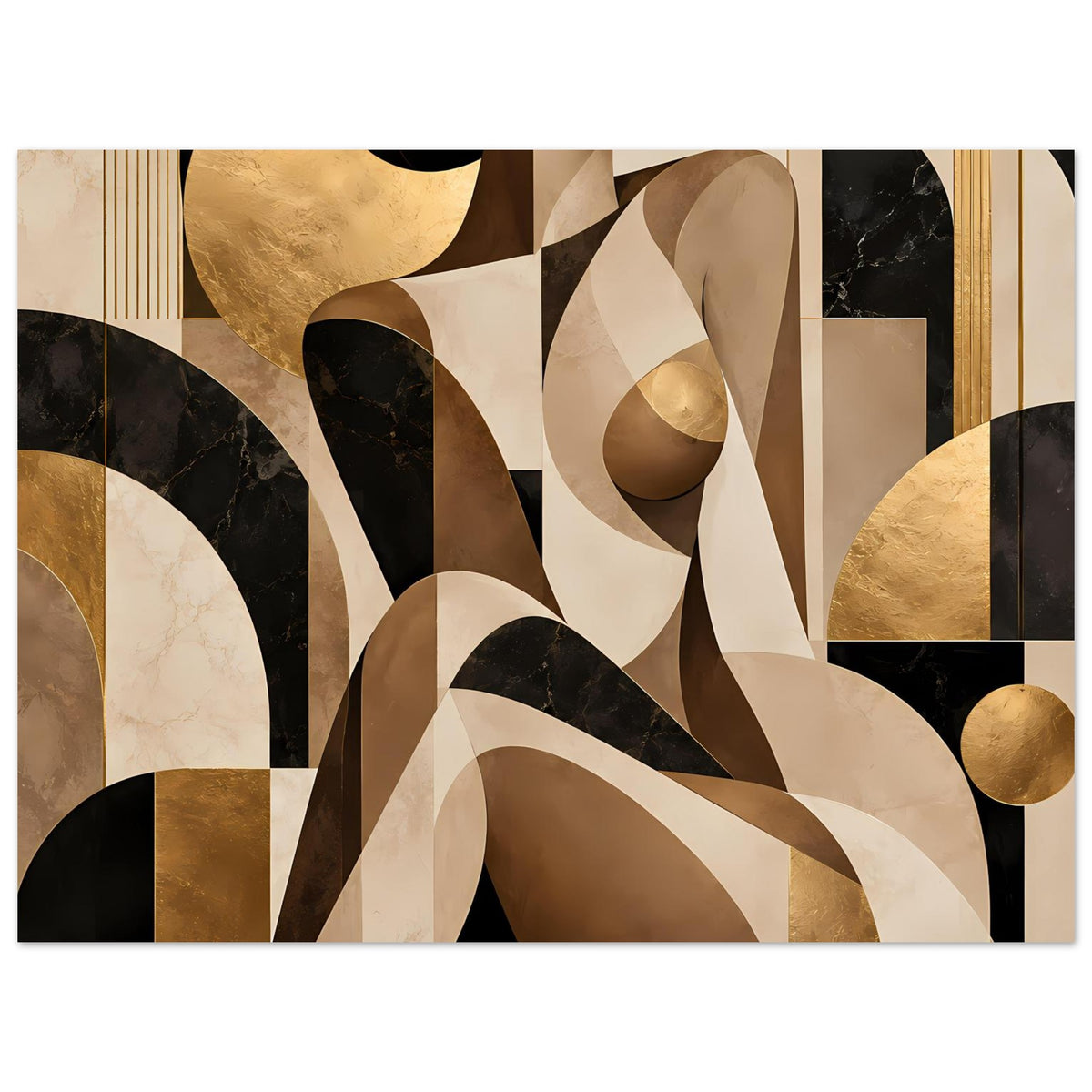 Abstraktes Poster, nah zugeschnitten: gold-beige Formen, schwarze Kurven und geschichtete Flächen