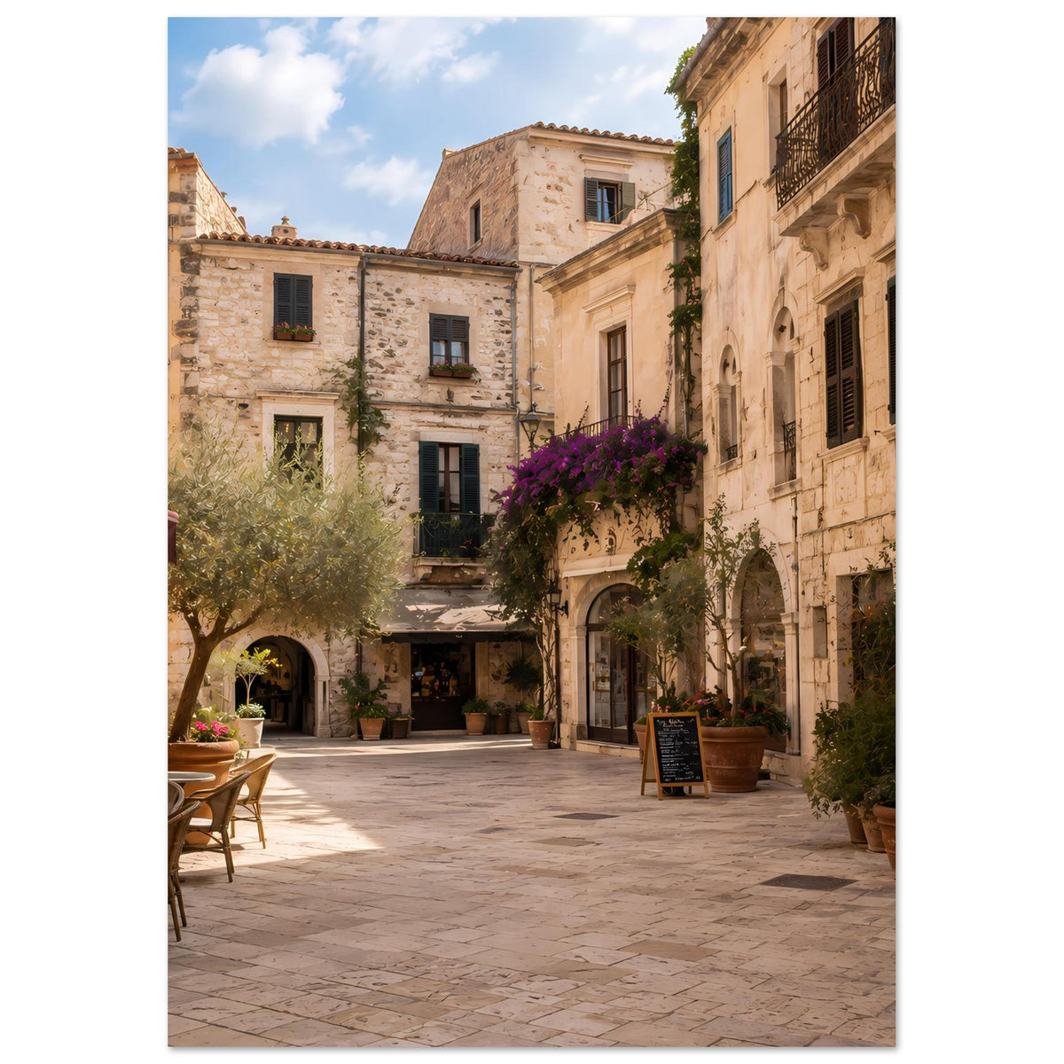 Poster einer mediterranen Altstadtgasse mit Steinhäusern und blühenden Pflanzen