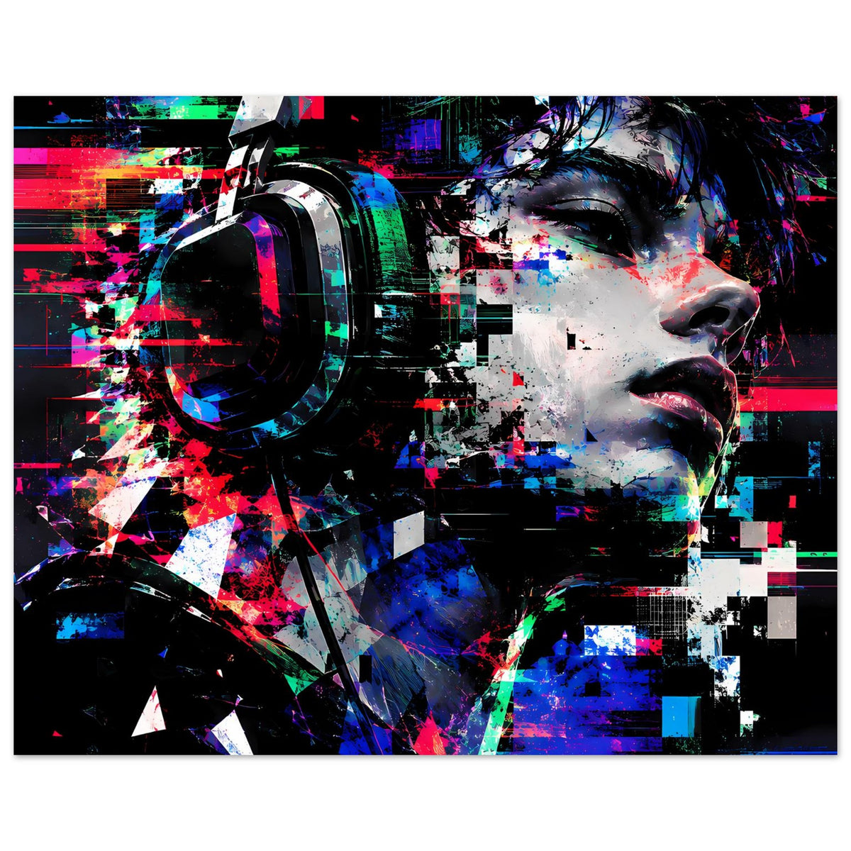 Horizontales Poster mit abstraktem Gesicht im Glitch-Stil, Neon- und Kontrastfarben