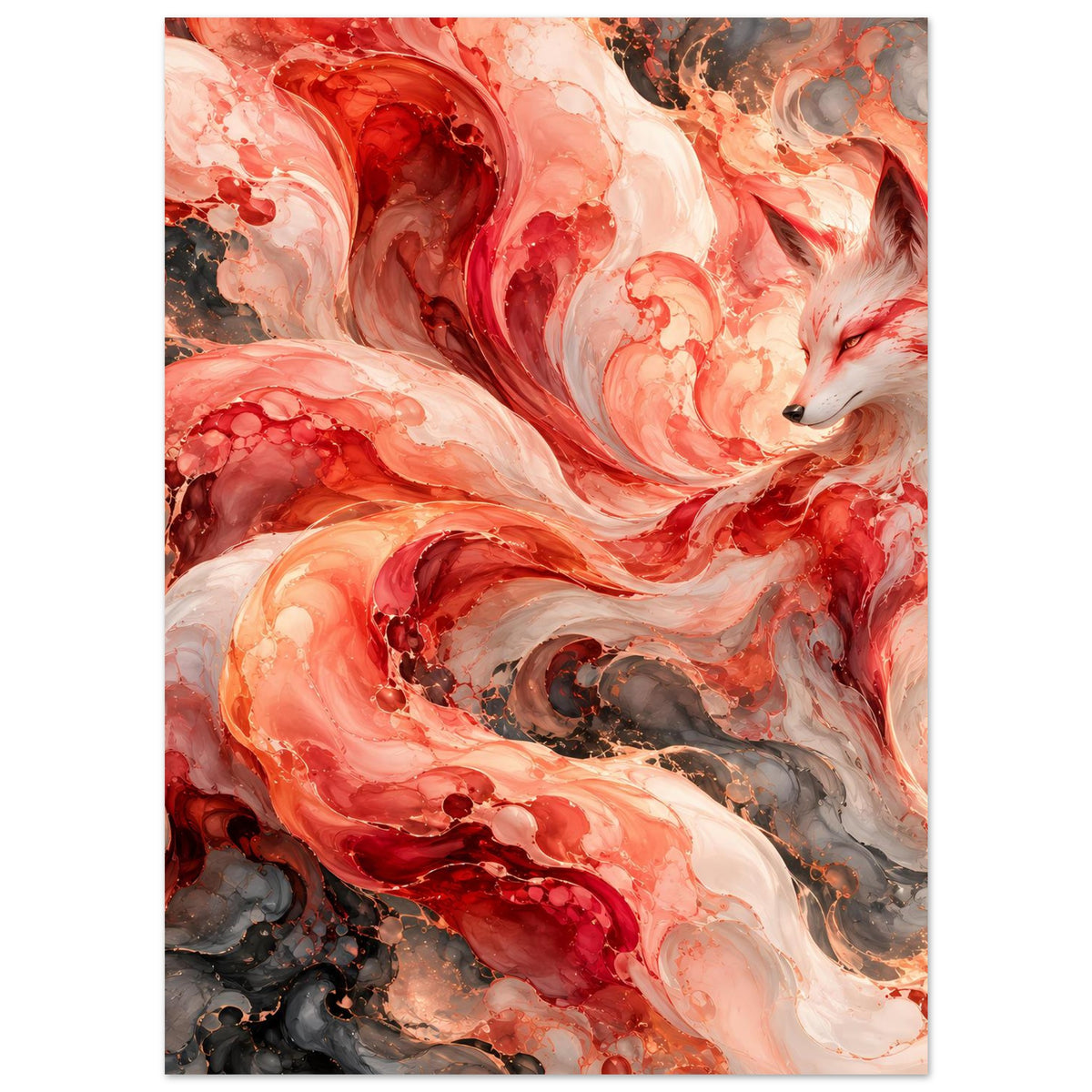 Poster im Hochformat mit Fuchsfigur, abstrakte Farbmuster in Rot, Orange, Creme und Dunkelgrau.