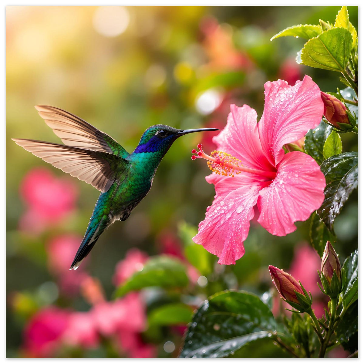 Vertikales Naturposter mit blau-grünem Kolibri im Flug und rosafarbener Hibiskusblüte