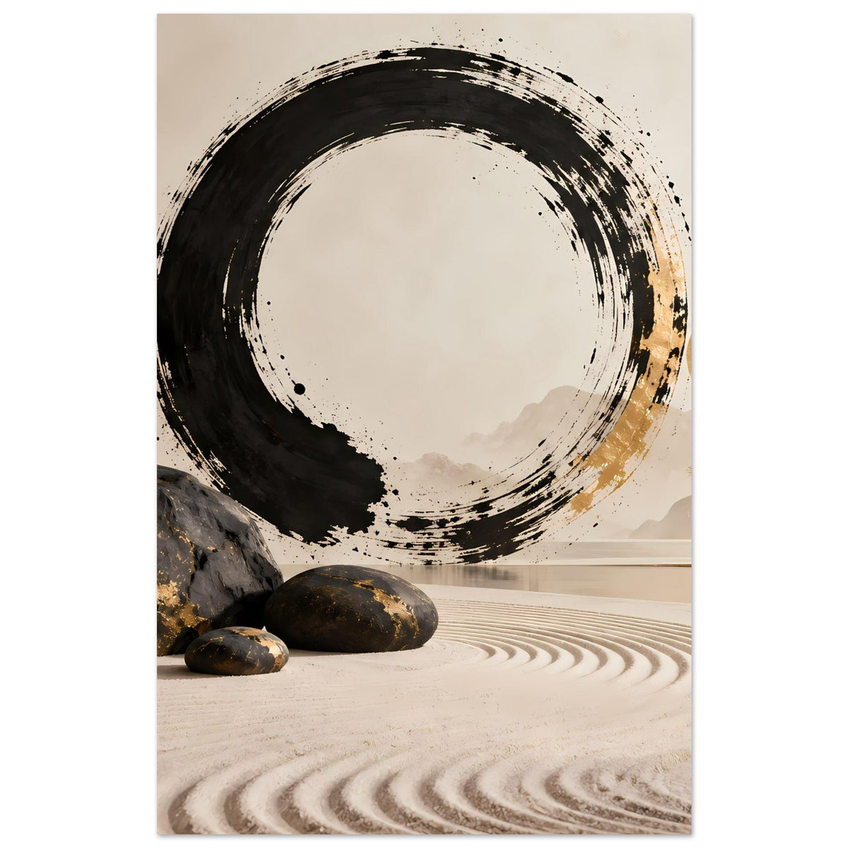 Abstraktes Zen-Poster mit schwarzem Pinselkreis und goldenem Lichtakzent