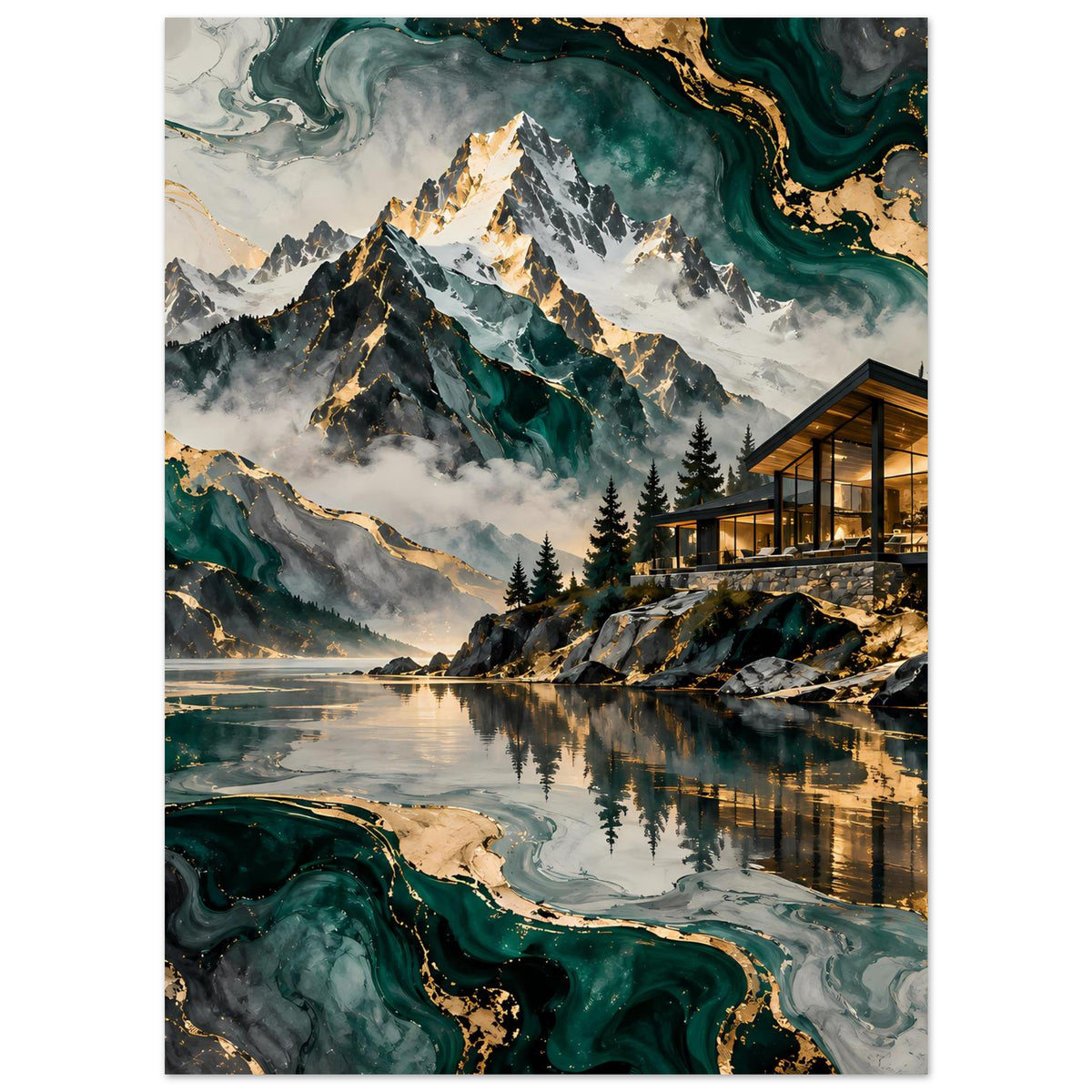 Poster mit Gebirgssee, grüner Marmoroptik, goldenen Einschlüssen und beleuchteter Hütte