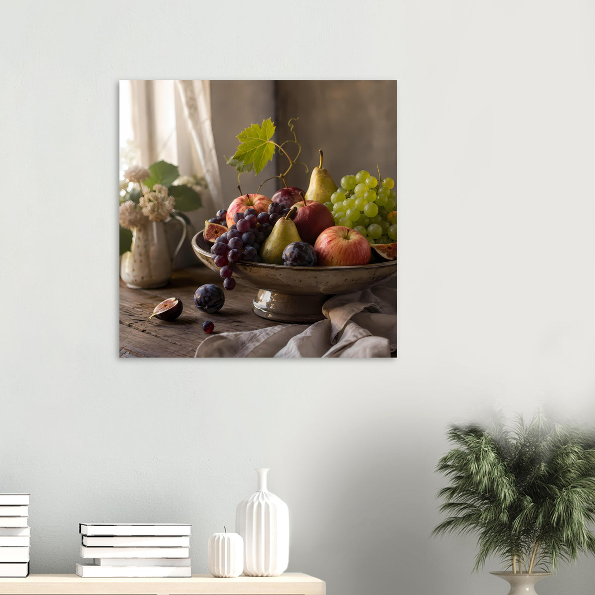 Quadratisches Kunstposter mit Obstkorb: Weintrauben, Äpfel und Birnen
