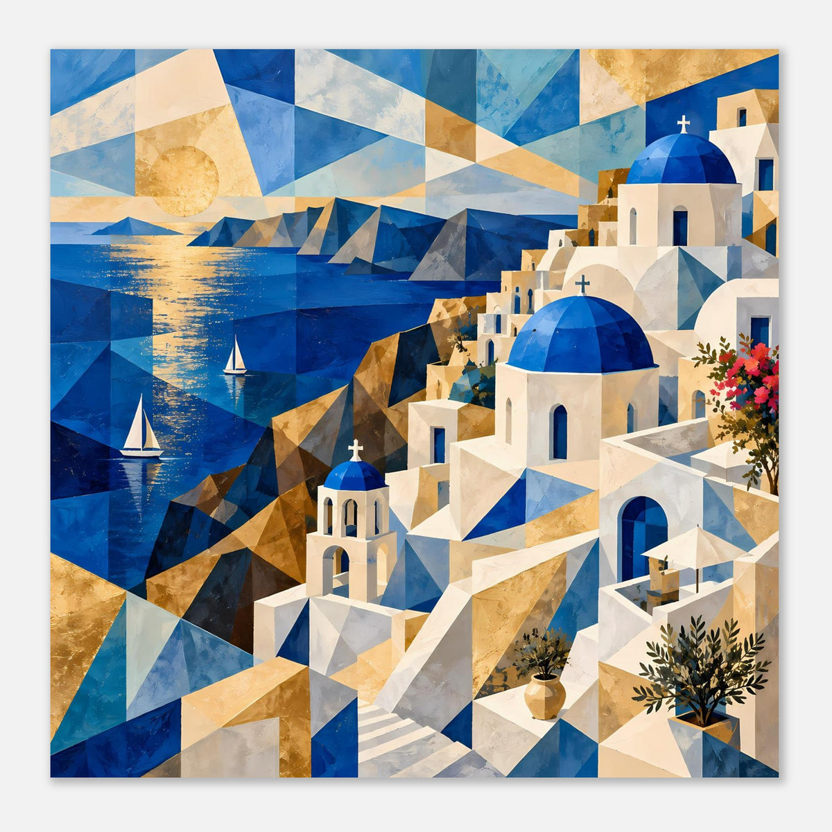 Geometrisches Poster: detailreiche Kuppelbauten mit blauen Kuppeln, goldenen Formen und Grünpflanzen