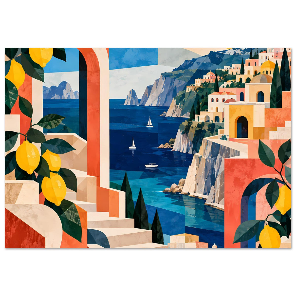 Mediterranes Küstenposter mit Zitronen-Motiv, Vollansicht mit Meer und mediterranen Bögen