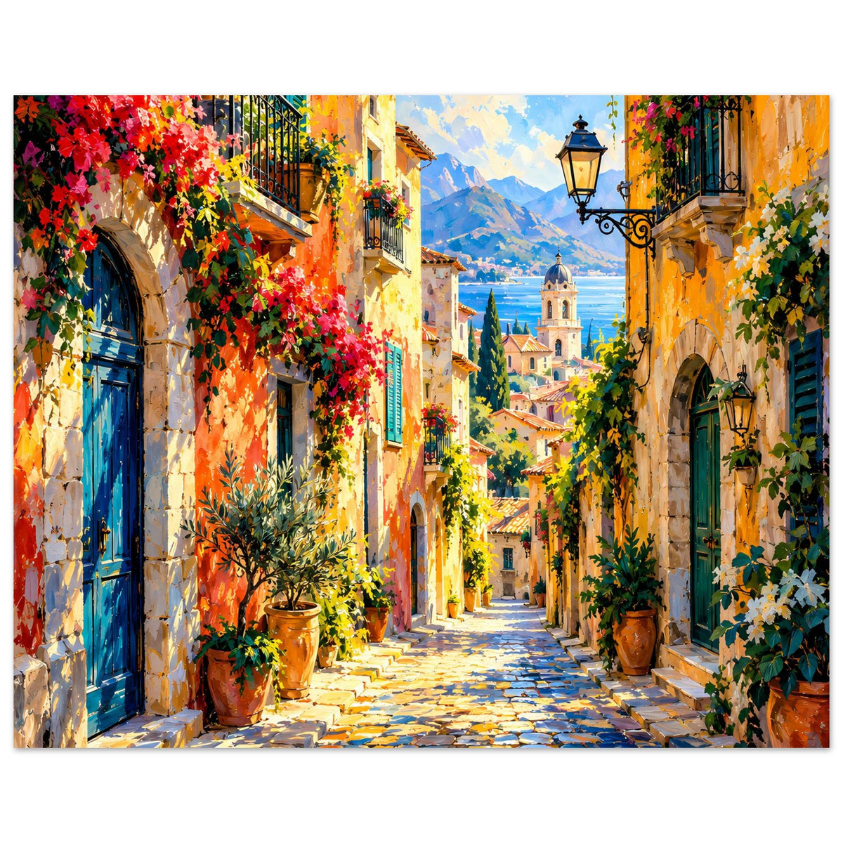 Mediterranes Gassen-Poster, breite Ansicht der Gasse mit Blüten, Kopfsteinpflaster und Laterne