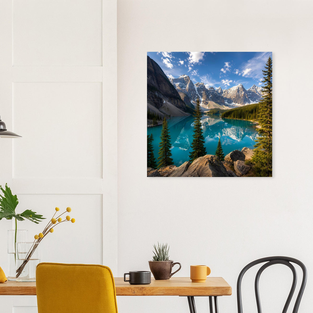 Quadratisches Wandposter mit türkisfarbenem See, felsigen Bergen, Fichten und blauem Himmel