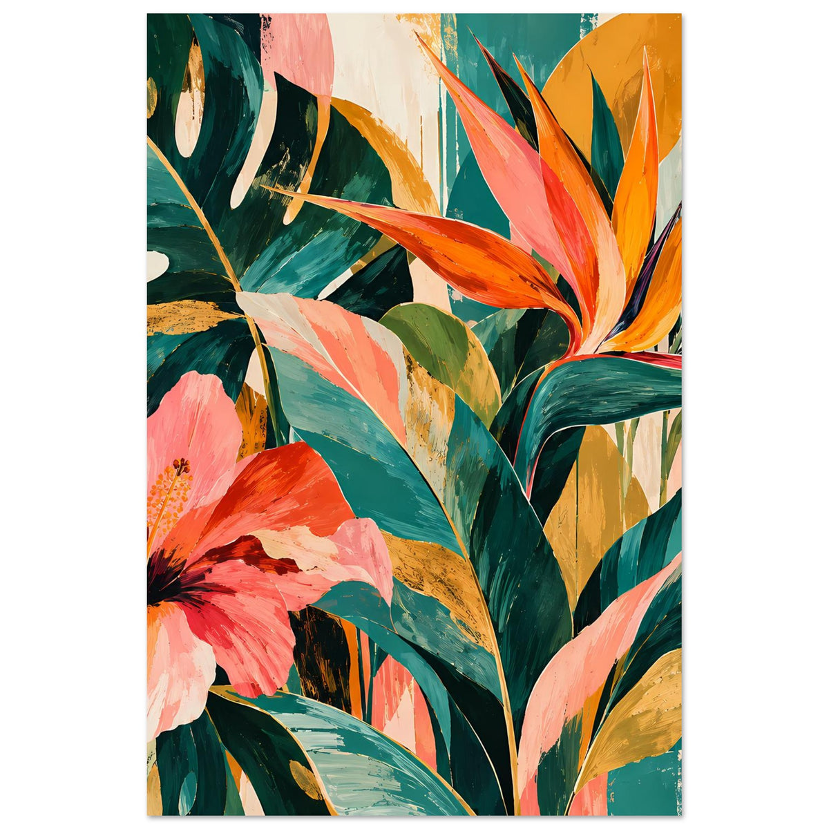 Hochformatiges Kunstposter mit tropischem Blumenmotiv: pinke Blüte, orange Akzent, grüne Blätter.