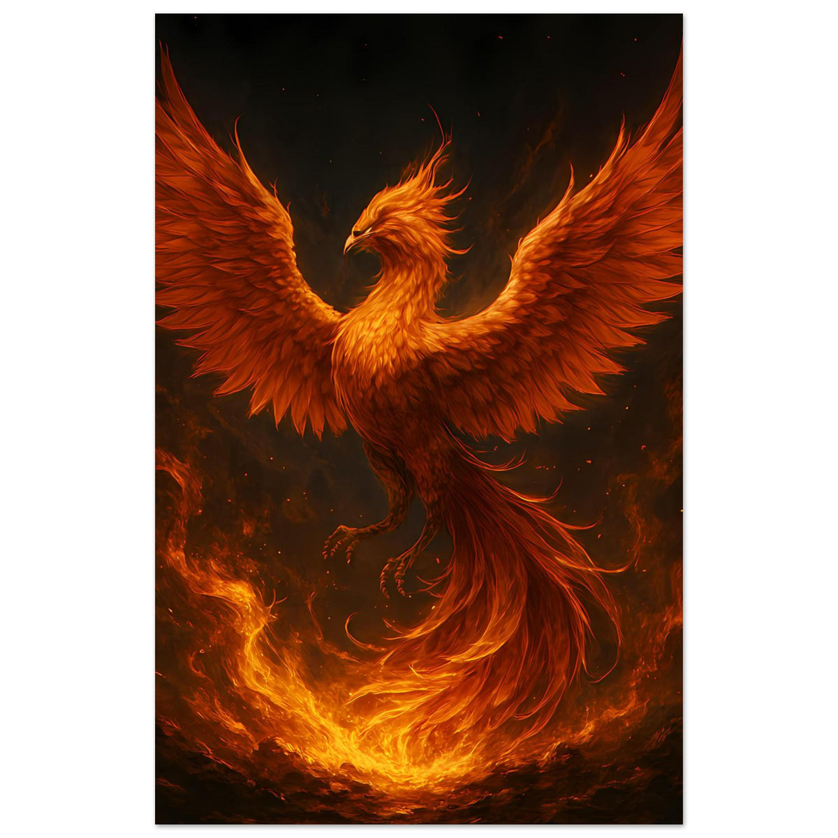 Hochformat-Poster: Phönix in Flammen, starke Flügelspreizung, leuchtende Glut unten