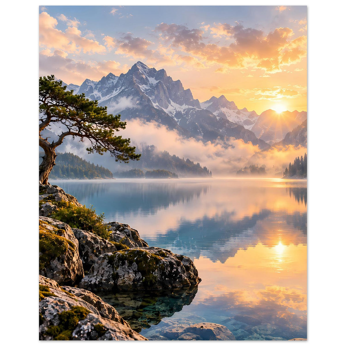 Wandposter im Hochformat mit Sonnenaufgang, Bergkette, See mit Spiegelung und Baum am Felsen