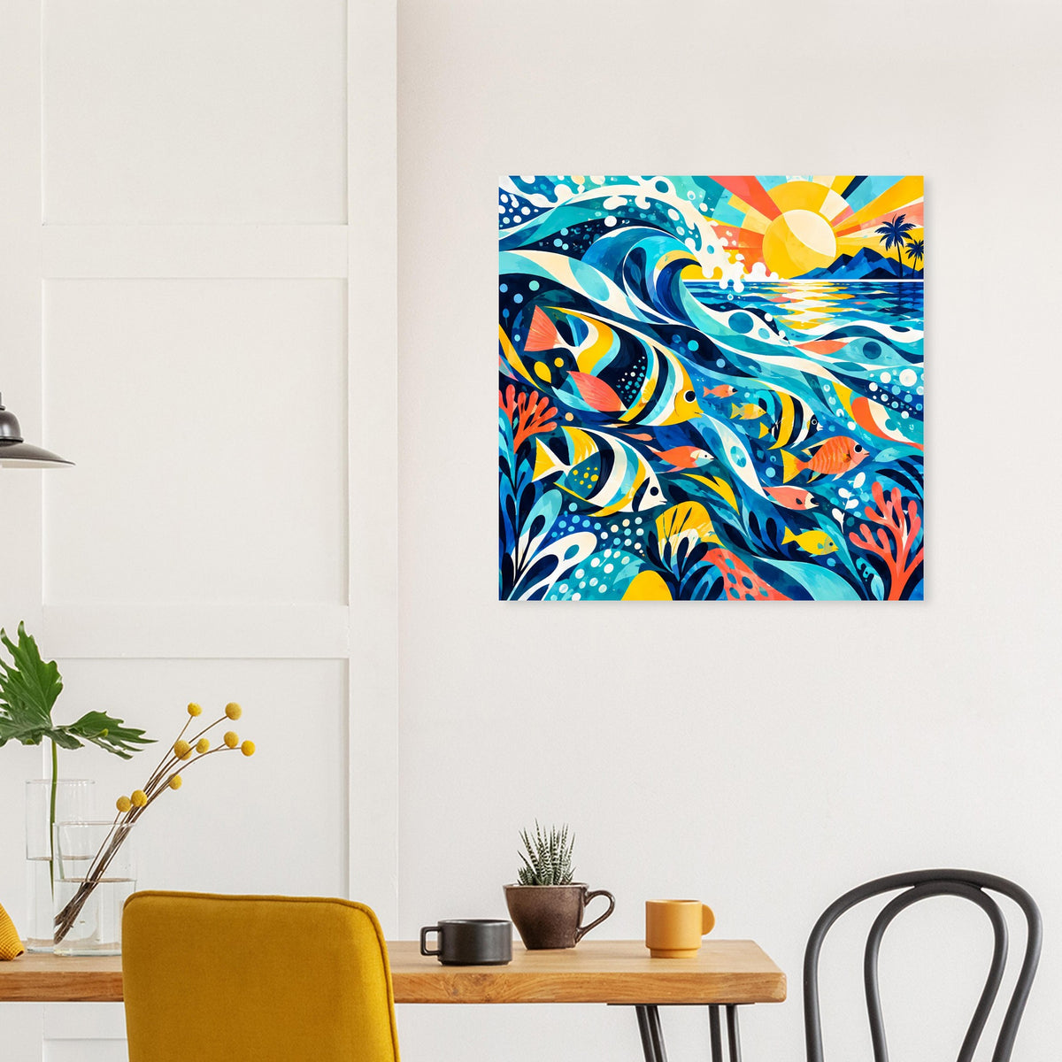 Quadratisches Poster mit bunten Fischen und tropischem Ozeanmotiv im Rahmen