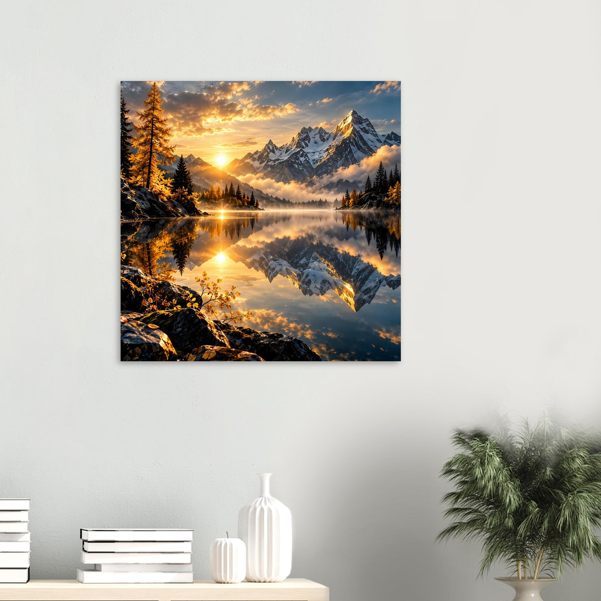 Wandposter mit Sonnenaufgang am Bergsee, spiegelnden Alpengipfeln und goldenem Licht