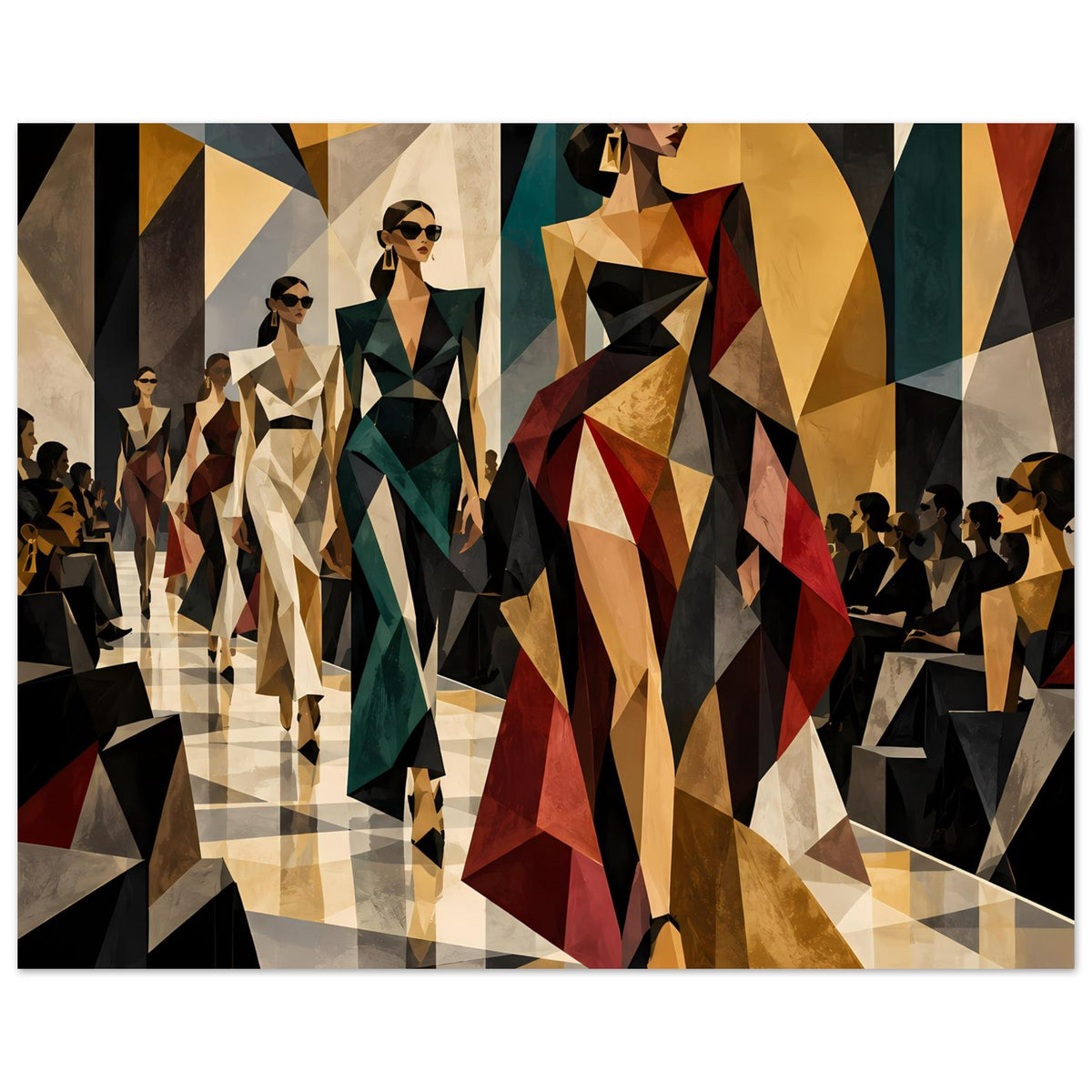 Fashion-Poster: geometrische Modefiguren auf Laufsteg, Juwelenfarben, im schwarzen Rahmen