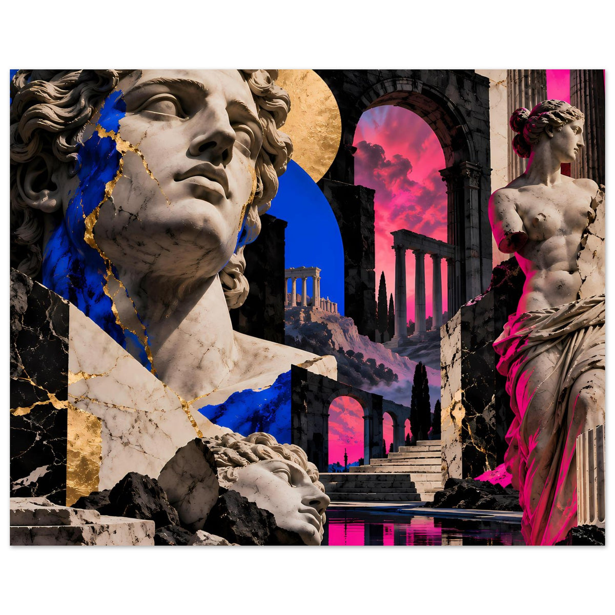 Kunstposter mit antiker Figur links und stehender Statue rechts, pinke Lichtflächen