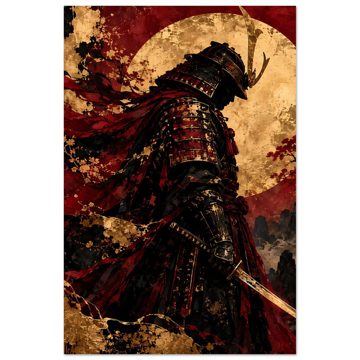 Japan-Poster: Samurai-Krieger in schwarzer Rüstung mit rotem Umhang und goldenem Mond