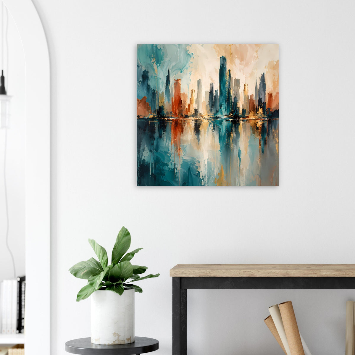 Abstraktes Skyline-Poster an weißer Wand, Blau, Gold und Rost mit Reflexion