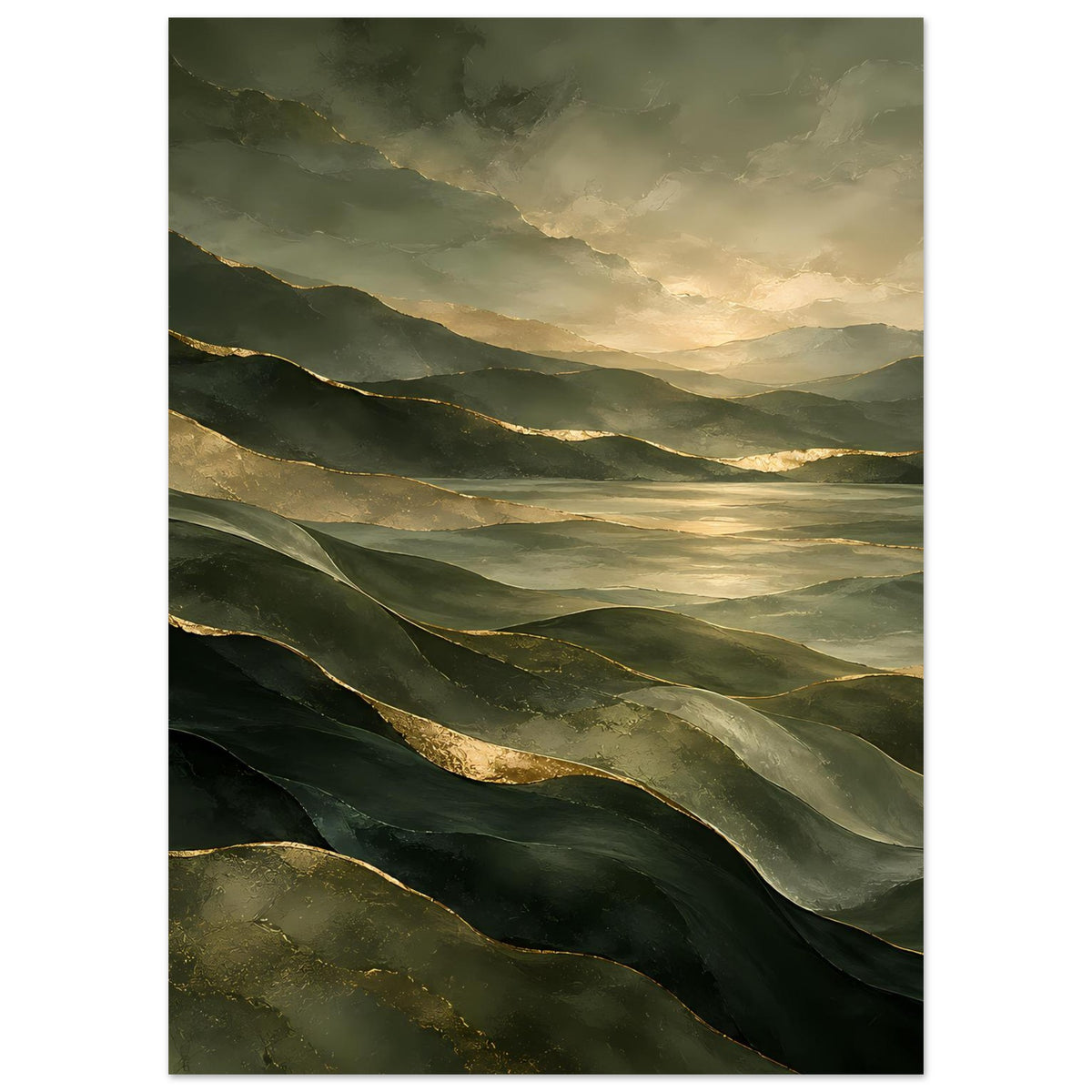 Landschafts-Poster in Grün und Gold mit dichten Hügeln und goldenen Konturen, vertikal.