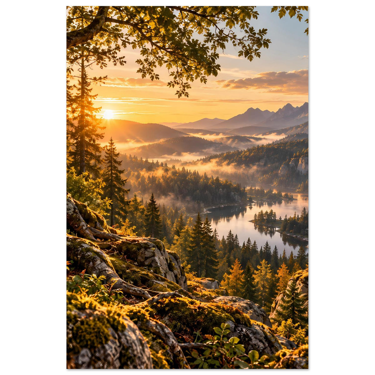 Landschaftsposter mit Sonnenaufgang über Bergen, Wald und ruhigem See, Vordergrund mit Felsen und Wurzeln