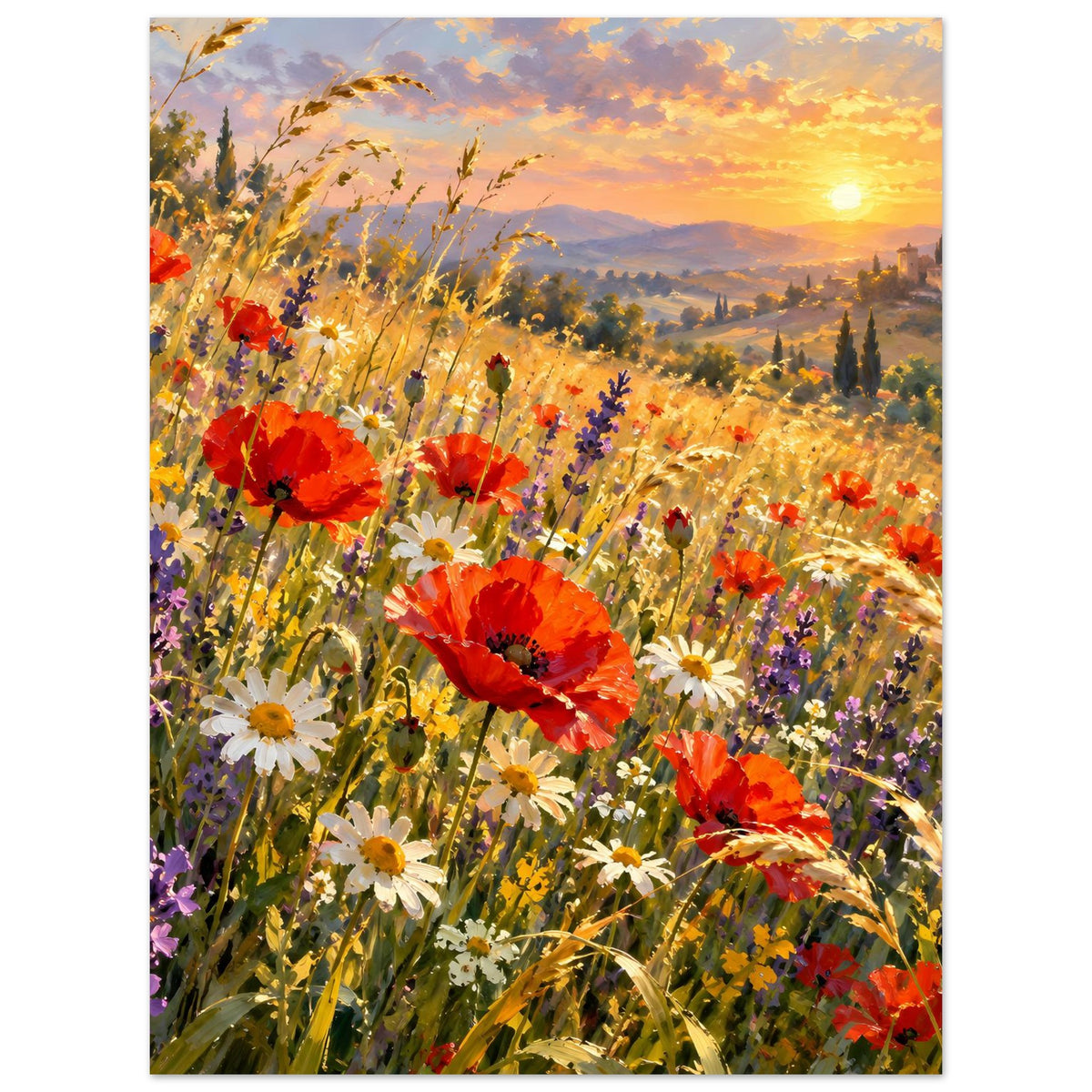 Wildblumen-Poster, vertikal: gelbe Halme, rote Mohnblüten und lila Akzente bei Sonne