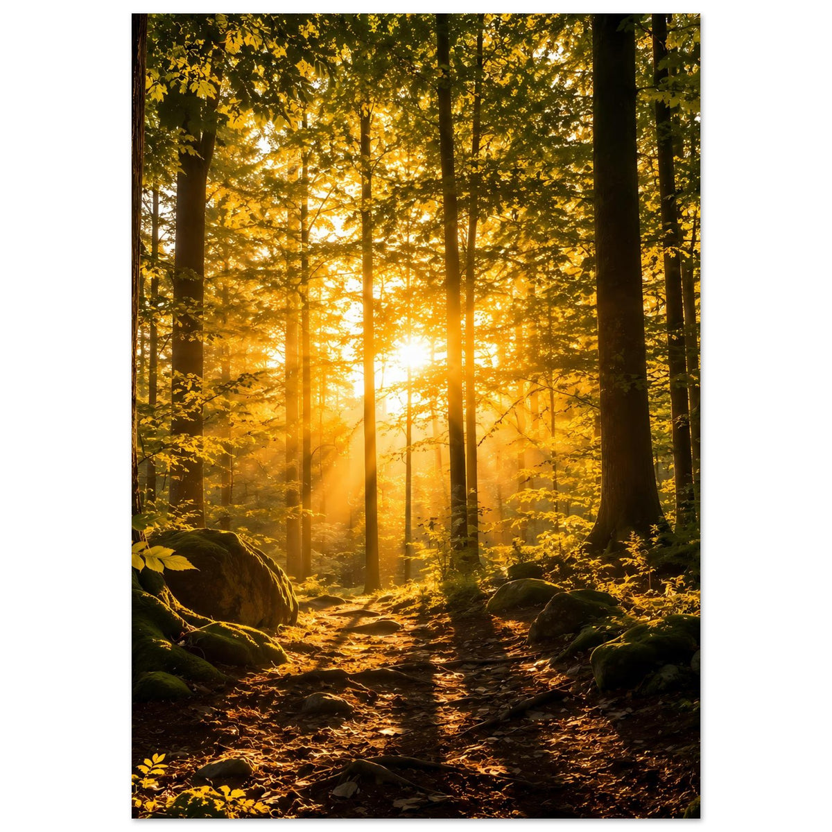 Waldposter mit Lichtkegel zwischen hohen Stämmen, Waldbodenpfad im Vordergrund