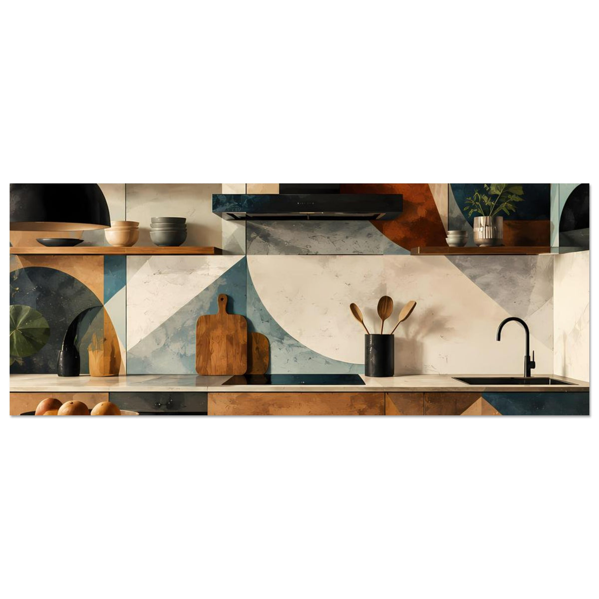 Horizontales Küchenkunstposter mit geometrischen Formen: Herd, Flaschen und Schalen