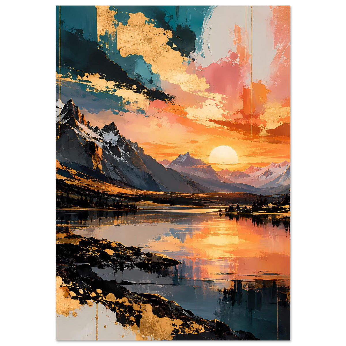 Poster mit dramatischem Sonnenuntergang über Berggipfeln und ruhigem See mit Reflexionen.
