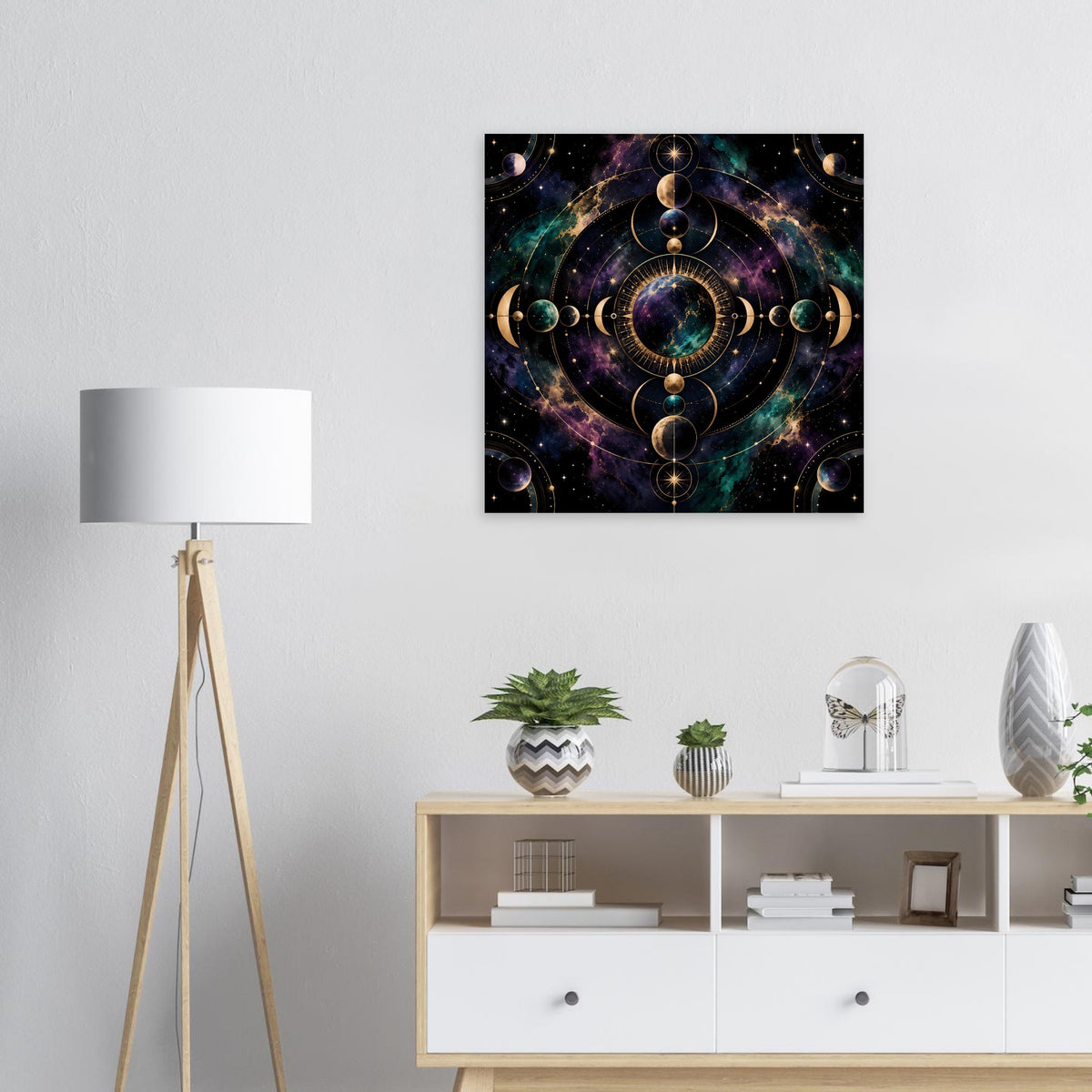 Wandposter mit kosmischen Mondphasen, Kreisornamenten und Sternen im schwarzen Rahmen