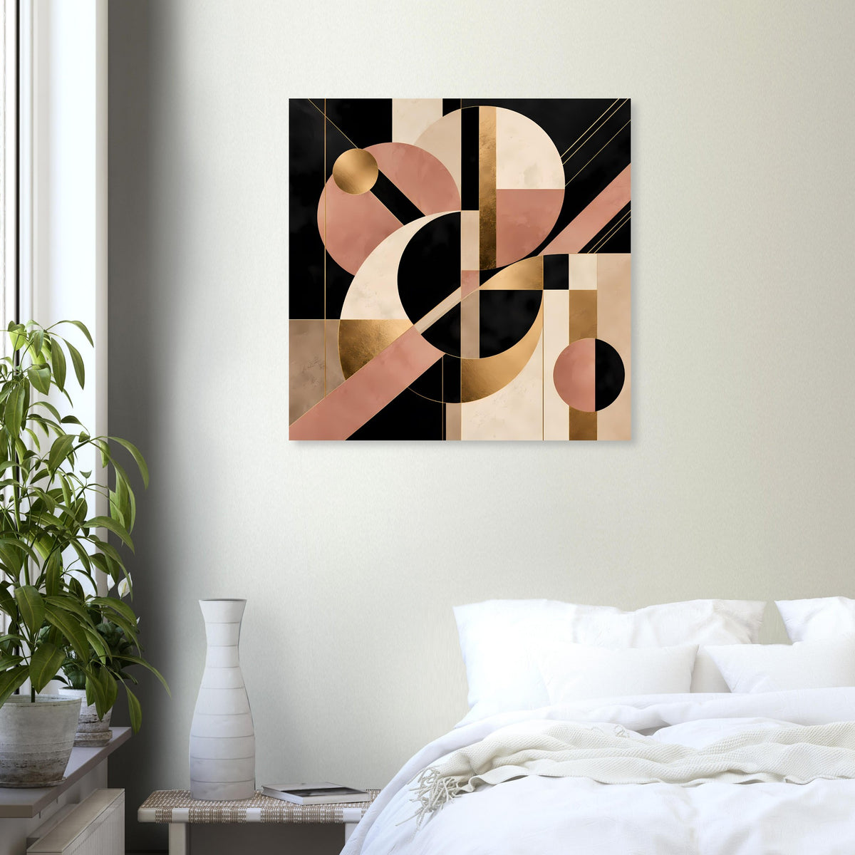Rechteckiges Art-Deco-Poster mit geometrischen Formen aus Kreisen und Balken in Schwarz, Blush, Gold