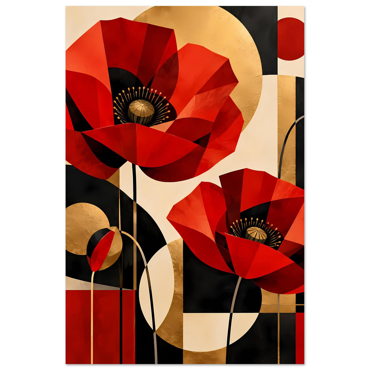 Kunstposter mit roten Mohnblumen, goldenen Akzenten, schwarzen Formen und gestreiften Details.